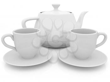 3d cups and teapot on a white background