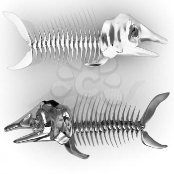 3d metall illustration of fish skeleton on a white background