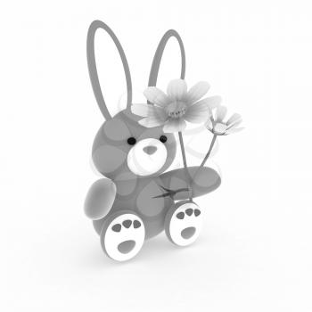 soft toy hare with a little red hearts on white paws and cosmos flower on a white background