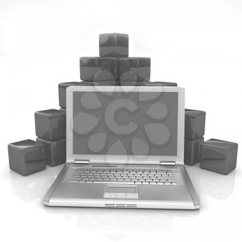 Cubic diagram structure and laptop. On a white background