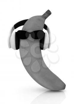 banana with sun glass and headphones front face on a white background