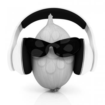 Ripe onion with sun glass and headphones front face on a white background