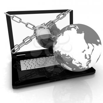 Laptop with lock, chain and earth on a white background