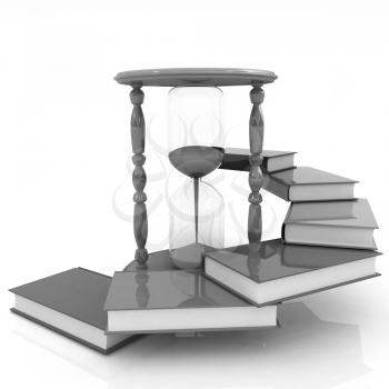 Hourglass and books on a white background