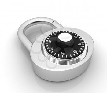 Illustration of security concept with chrome locked combination pad lock on a white background