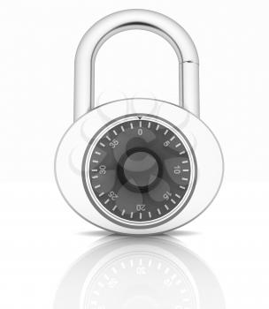 Illustration of security concept with chrome locked combination pad lock on a white background