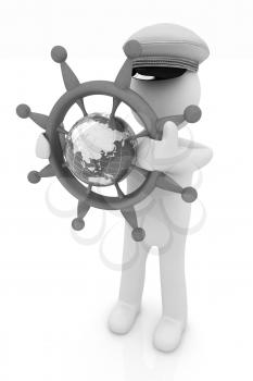 Sailor with wood steering wheel and earth. Trip around the world concept on a white background