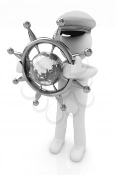 Sailor with gold steering wheel and earth. Trip around the world concept on a white background