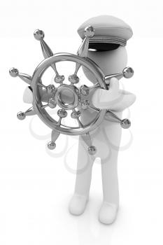 Sailor with gold steering wheel and earth. Trip around the world concept on a white background