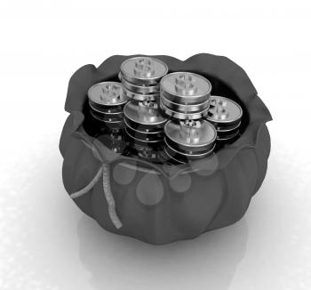 Bag and dollar coins on a white background