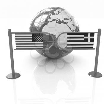 Three-dimensional image of the turnstile and flags of USA and Greece on a white background 