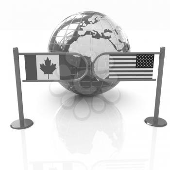 Three-dimensional image of the turnstile and flags of USA and Canada on a white background 