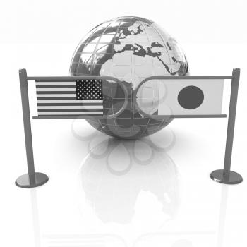 Three-dimensional image of the turnstile and flags of USA and Japan on a white background 