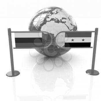 Three-dimensional image of the turnstile and flags of Russia and Syria on a white background 