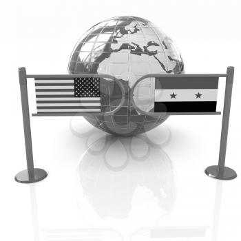 Three-dimensional image of the turnstile and flags of USA and Syria on a white background 