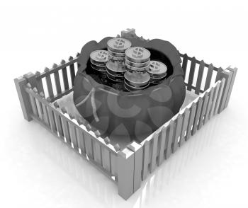 Bag and dollar coins in closed colorfull fence. Protection concept on a white background