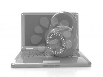 Laptop with lock.3d illustration on white isolated background.