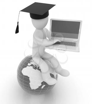 3d man in graduation hat sitting on earth and working at his laptop on a white background