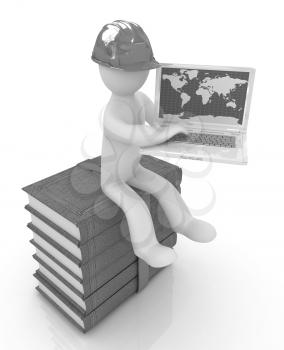 3d man in hard hat sitting on books and working at his laptop on a white background