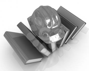 Colorful books and hard hat on a white background