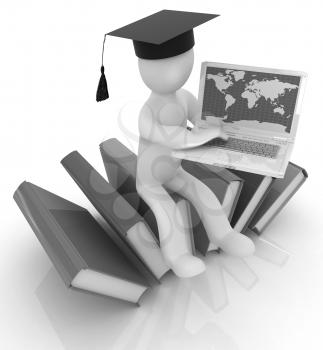 3d man in graduation hat sitting on books and working at his laptop on a white background