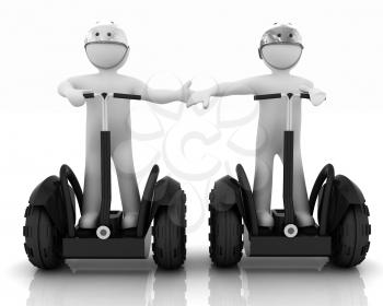 3d people in riding on a personal and ecological transport in helmet and holding hands. Concept of partnership