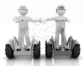 3d people in riding on a personal and ecological transport in helmet and holding hands. Concept of partnership