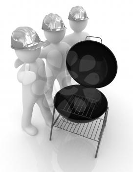 3d mans in a hard hat with thumb up and barbecue grill. On a white background 