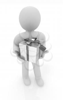 3d man and gift with red ribbon on a white background 