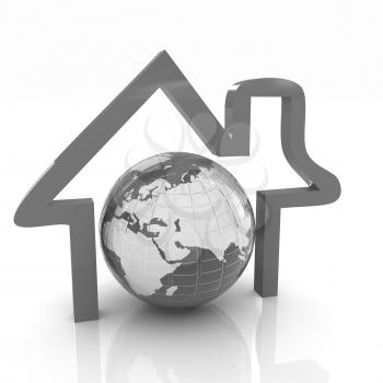 3d green icon house, earth on white background 