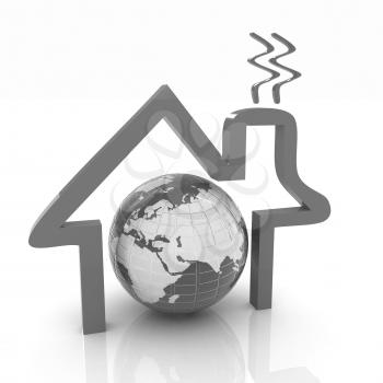 3d green icon house, earth on white background 