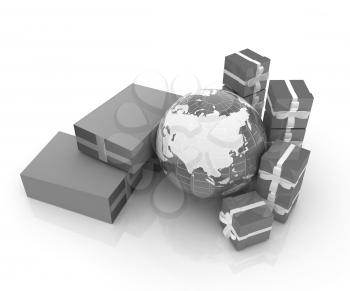 Cardboard boxes, gifts and earth on a white background