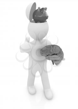 3d people - man with half head, brain and trumb up. Saving concept with piggy bank 