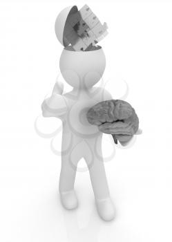 3d people - man with half head, brain and trumb up. Idea concept with puzzle