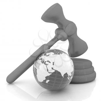 Wooden gavel and earth isolated on white background. Global auction concept