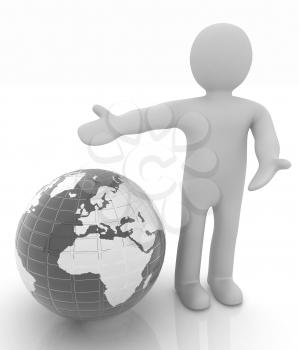 3d people - man, person presenting - pointing. Global concept with earth