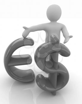 3d people - man, person presenting - dollar and euro sign