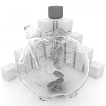 cubic diagram structure and piggy bank on a white background