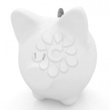 piggy bank and falling coins on white background