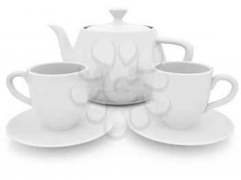 3d cups and teapot on a white background