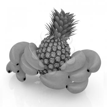 pineapple and bananas on a white background