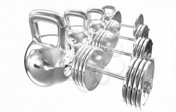 Metal weights and dumbbells on a white background