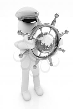 Sailor with gold steering wheel and earth. Trip around the world concept on a white background