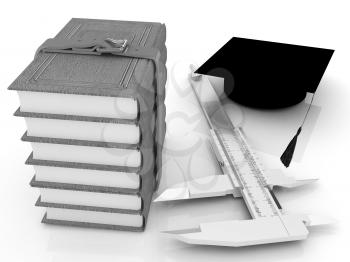 Vernier caliper, books and graduation hat. The best professional edication concept on a white background