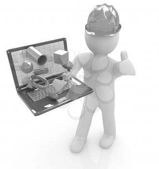 3D small people - an engineer with the laptop presents 3D capabilities on a white background