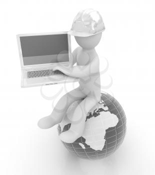 3d man in a hard hat sitting on earth and working at his laptop on a white background