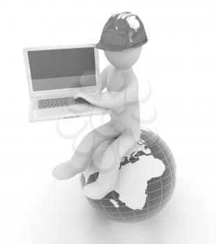 3d man in a hard hat sitting on earth and working at his laptop on a white background