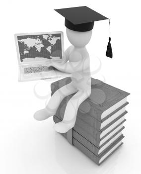 3d man in graduation hat sitting on books and working at his laptop on a white background