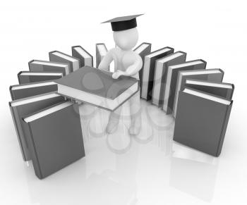 3d white man in a graduation hat with useful books - best gift a student on a white background