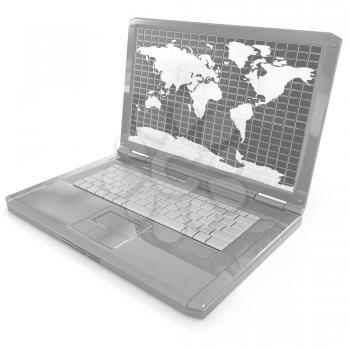 Laptop with world map on screen on a white background